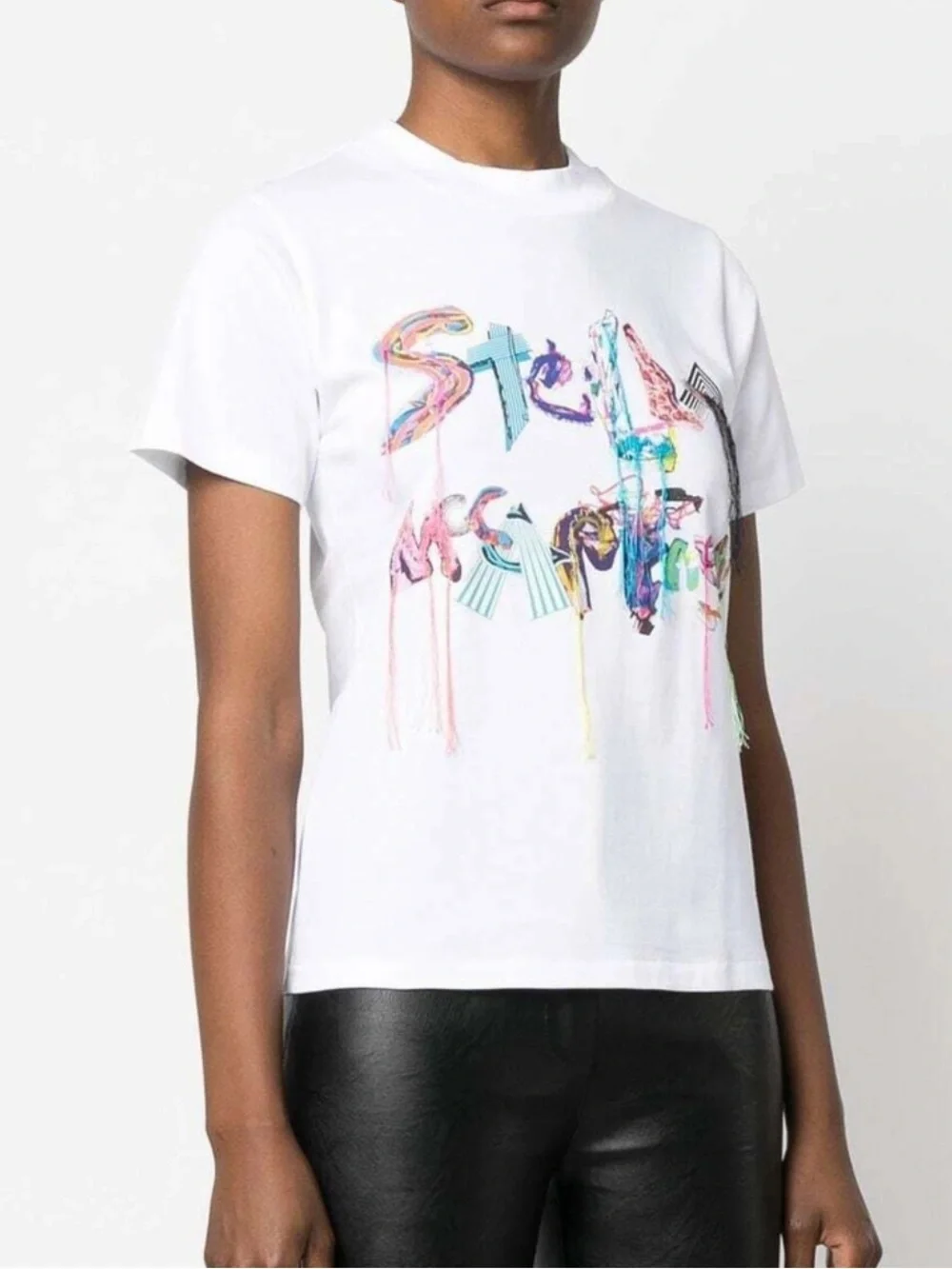 Stella McCartney Logo Graphic 3D Fringe Colorful White Cotton T-Shirt NEW - Picture 5 of 13
